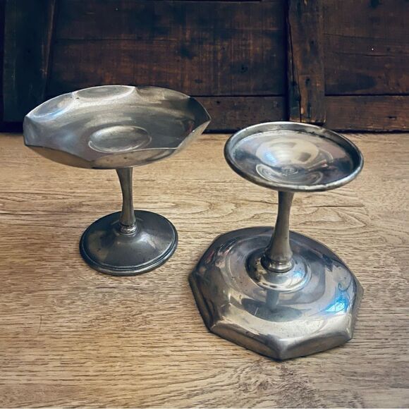 Vintage Pewter Octagon Rim Candle Holders Compote Dish Set of 2 - Picture 8 of 16